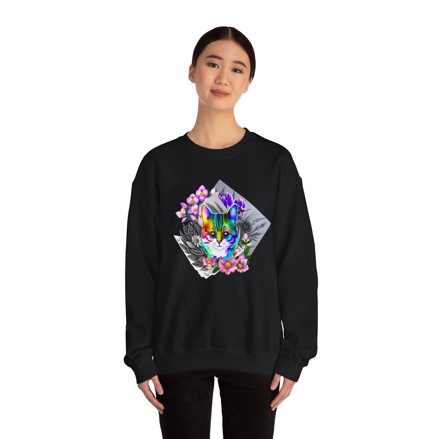 Cat and Flowers (Unisex Heavy Blend™ Crewneck Sweatshirt)