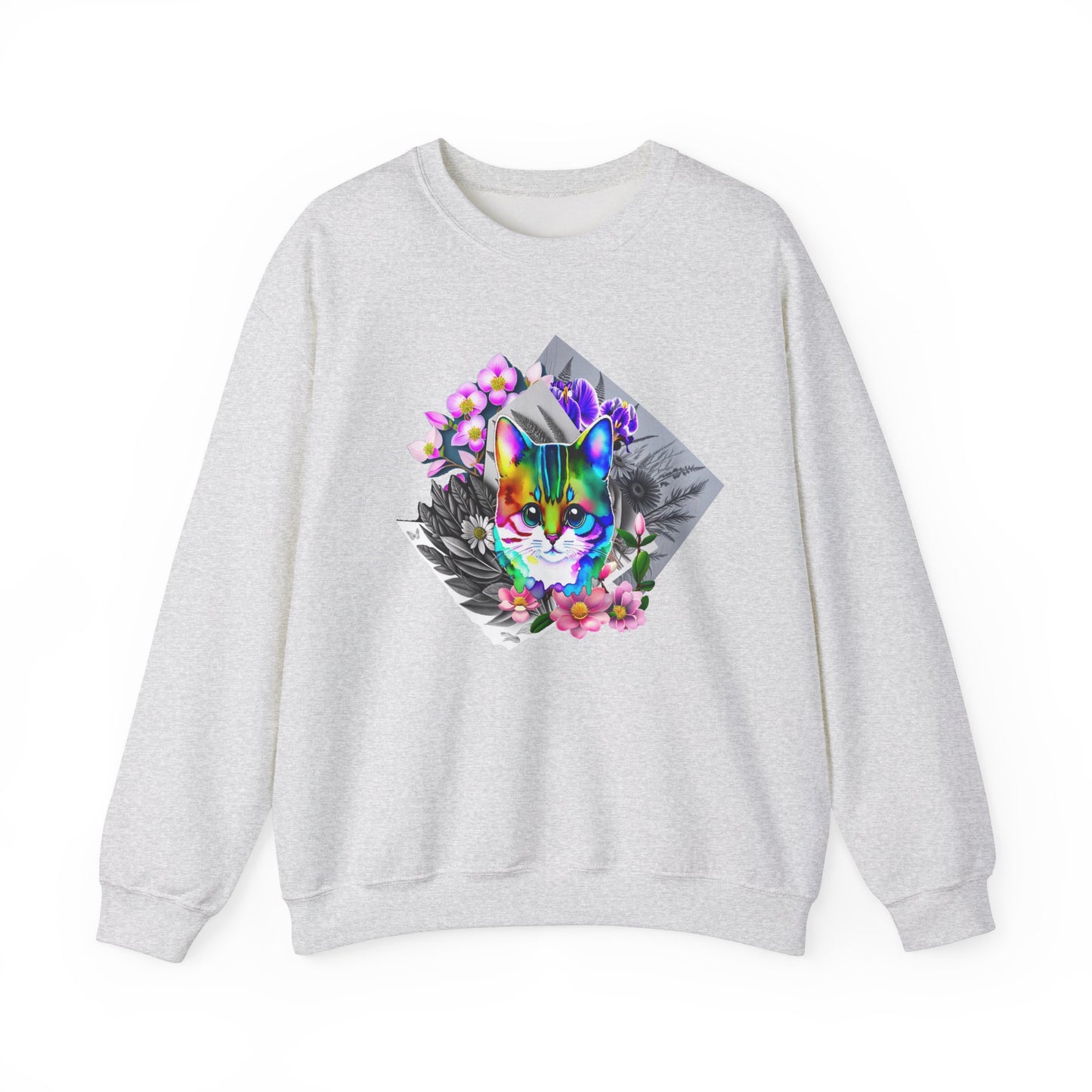 Cat and Flowers (Unisex Heavy Blend™ Crewneck Sweatshirt)