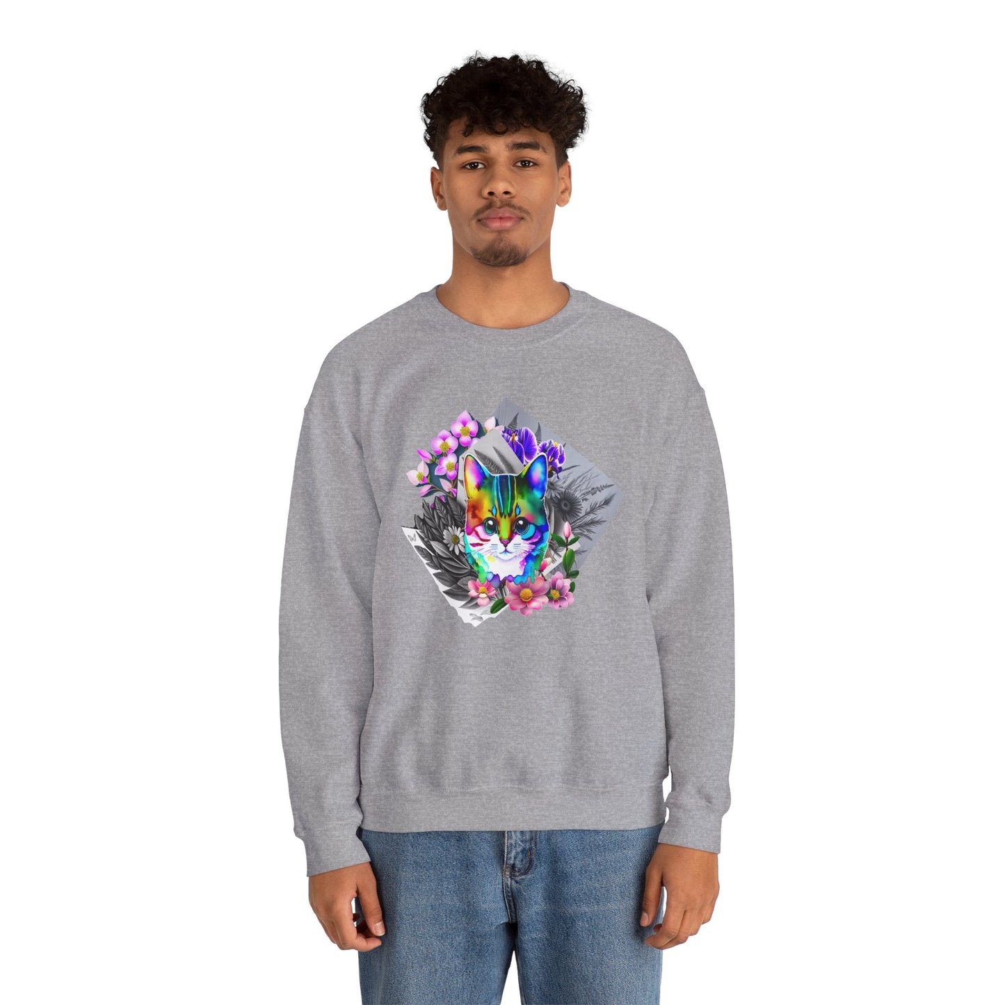 Cat and Flowers (Unisex Heavy Blend™ Crewneck Sweatshirt)