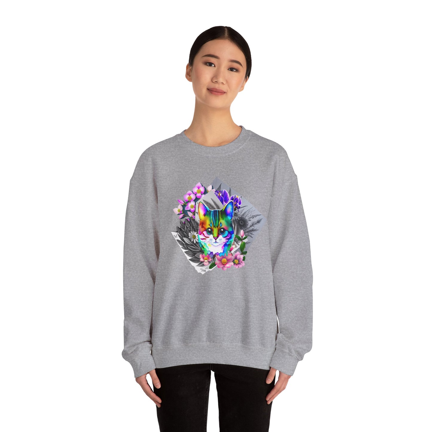 Cat and Flowers (Unisex Heavy Blend™ Crewneck Sweatshirt)