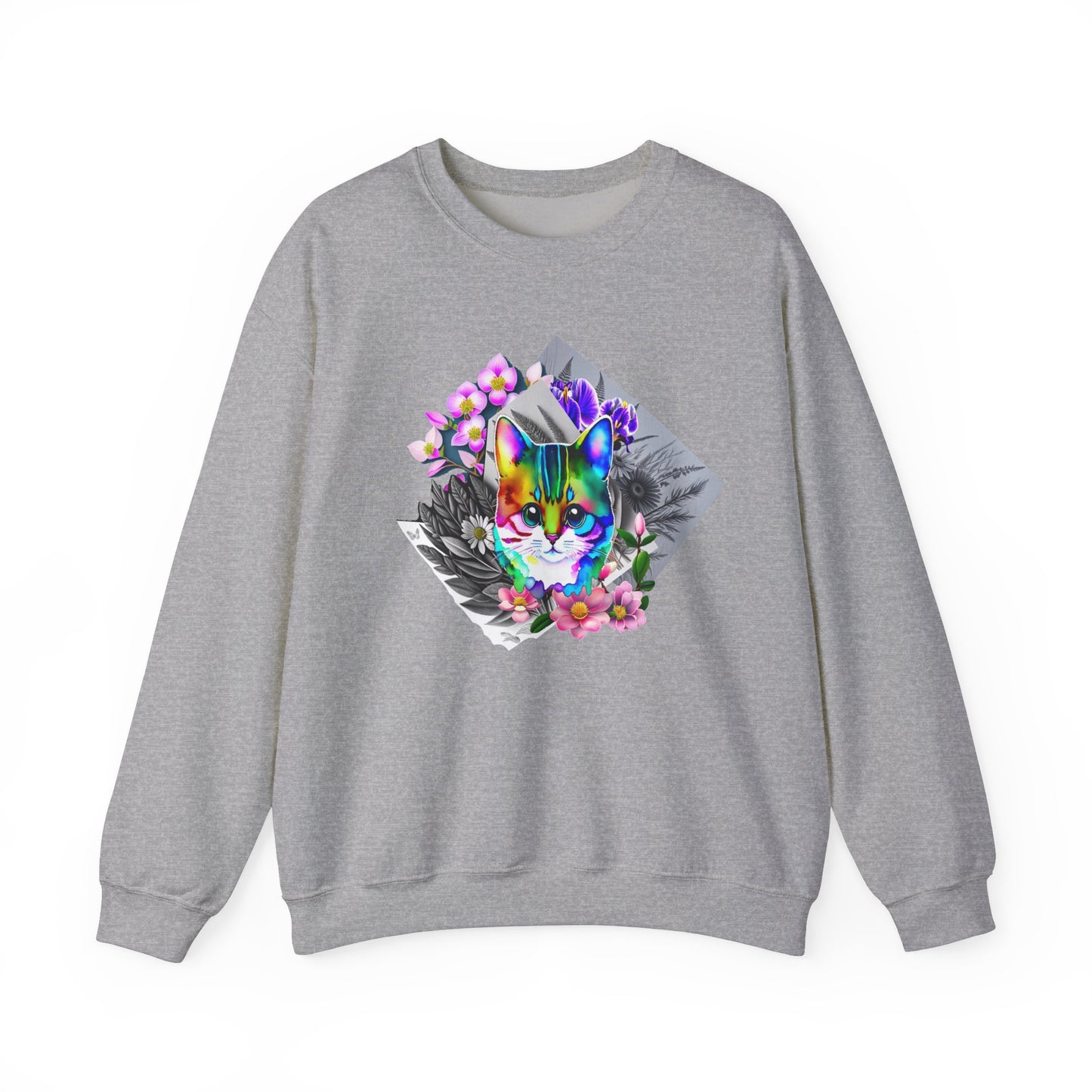 Cat and Flowers (Unisex Heavy Blend™ Crewneck Sweatshirt)