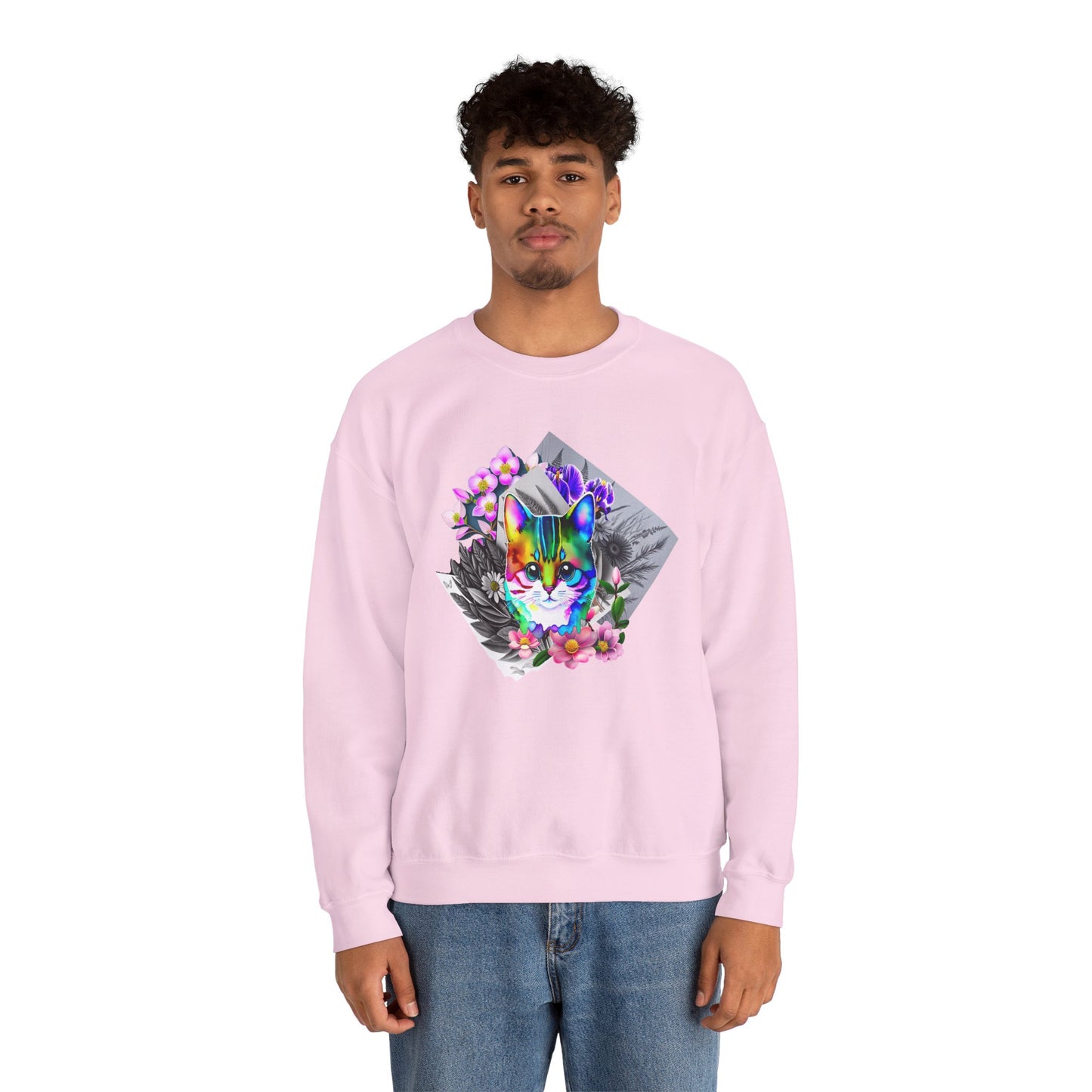 Cat and Flowers (Unisex Heavy Blend™ Crewneck Sweatshirt)