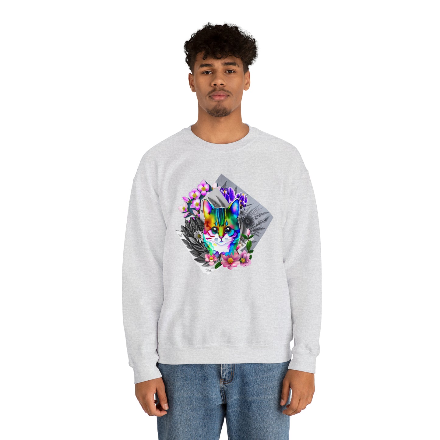 Cat and Flowers (Unisex Heavy Blend™ Crewneck Sweatshirt)