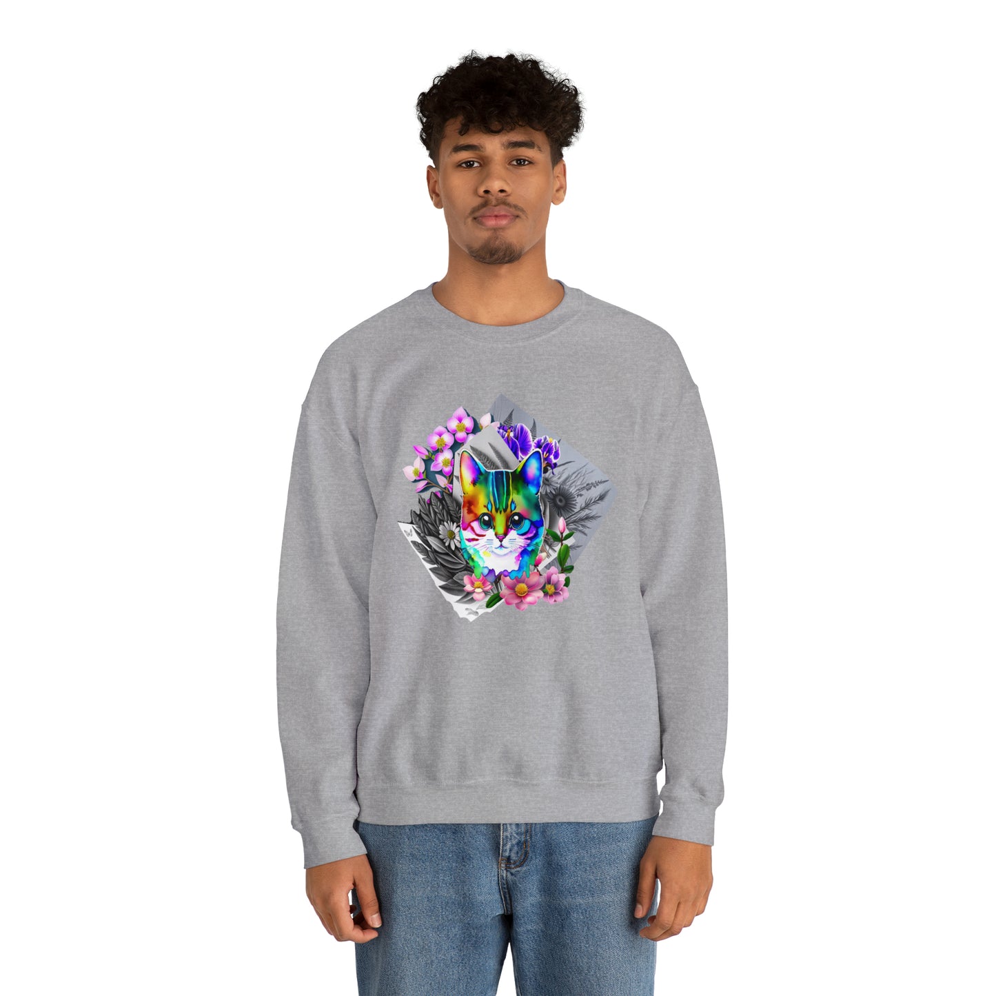 Cat and Flowers (Unisex Heavy Blend™ Crewneck Sweatshirt)