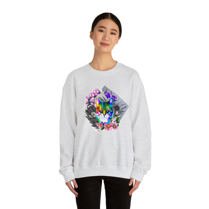 Cat and Flowers (Unisex Heavy Blend™ Crewneck Sweatshirt)