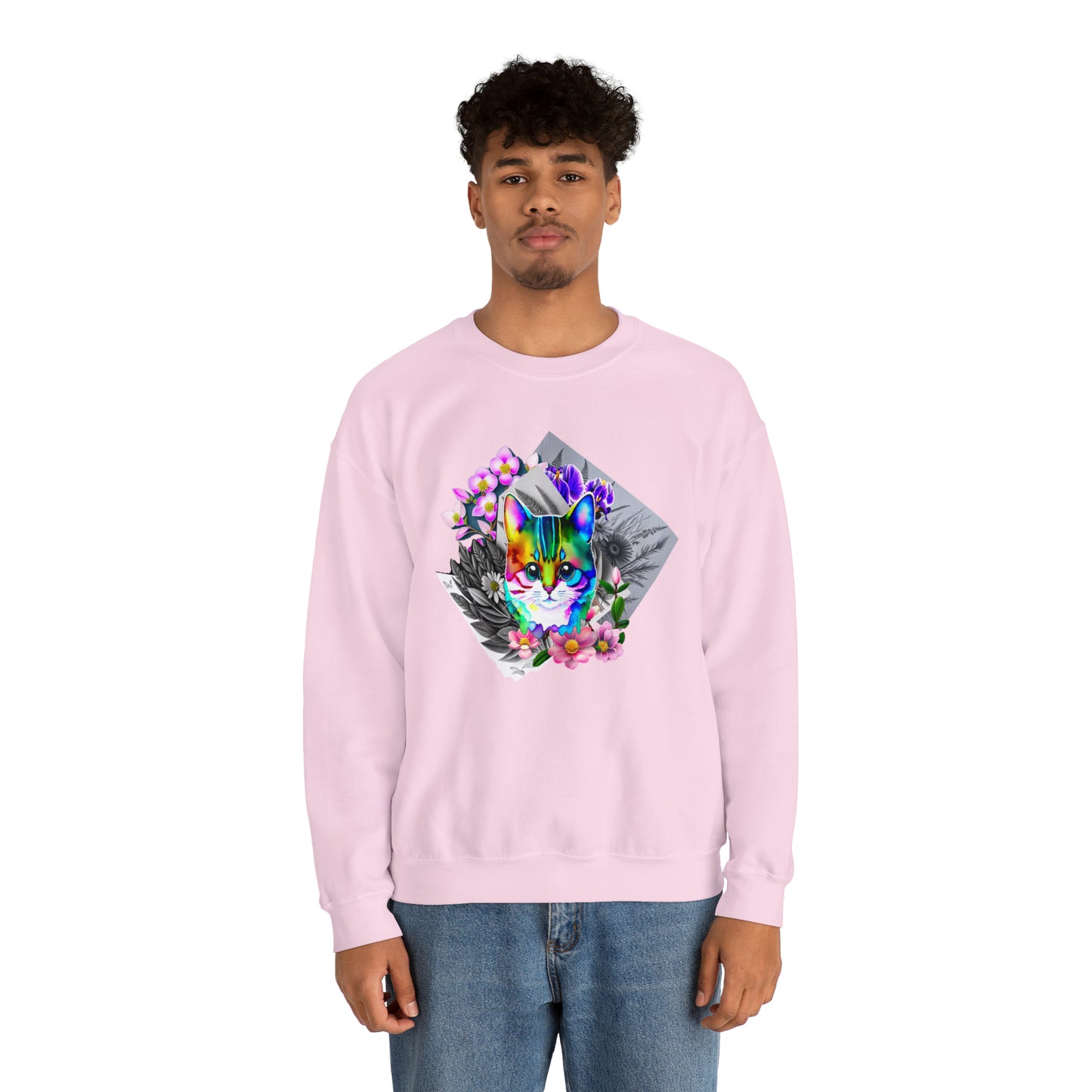 Cat and Flowers (Unisex Heavy Blend™ Crewneck Sweatshirt)