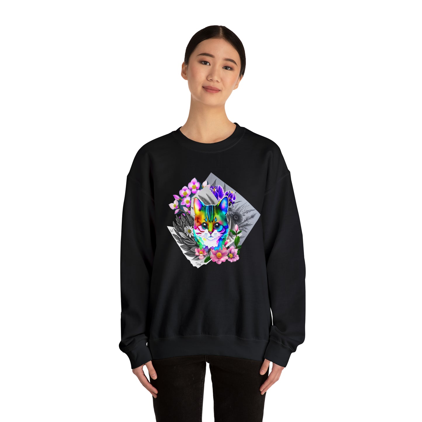 Cat and Flowers (Unisex Heavy Blend™ Crewneck Sweatshirt)