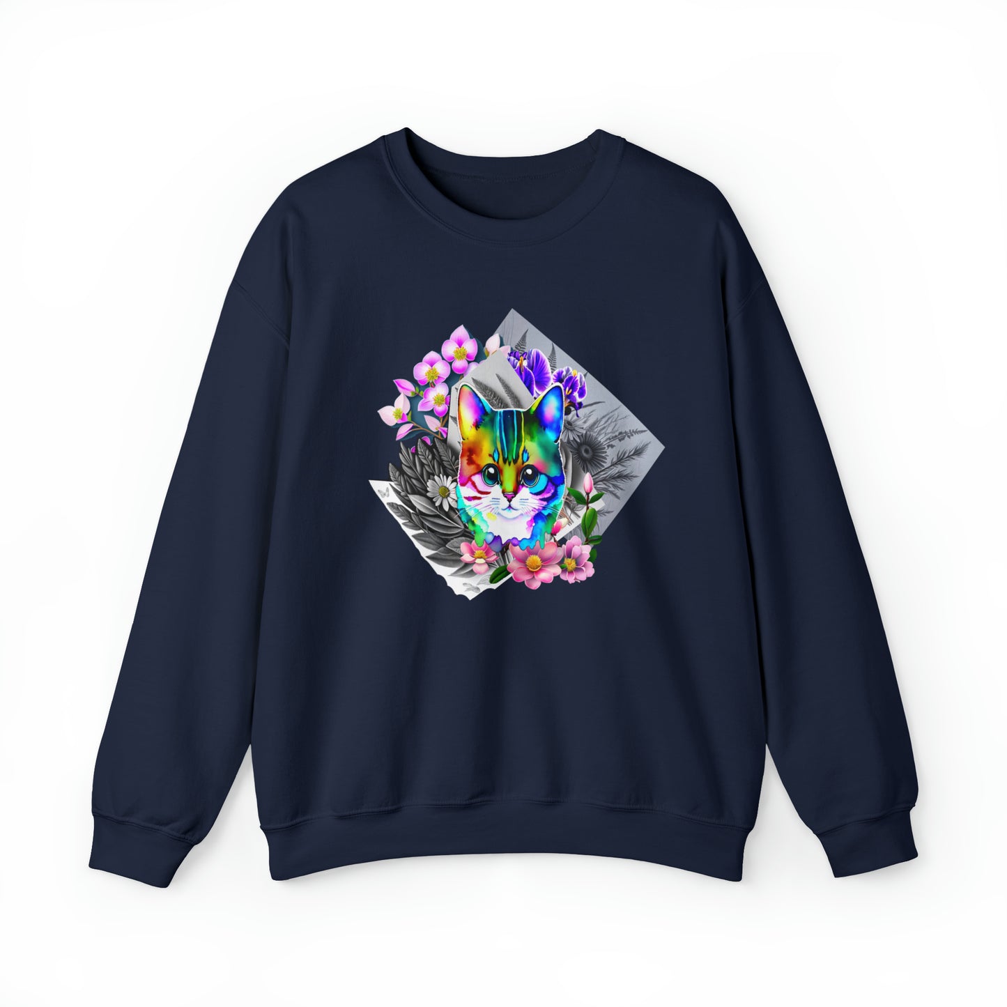 Cat and Flowers (Unisex Heavy Blend™ Crewneck Sweatshirt)