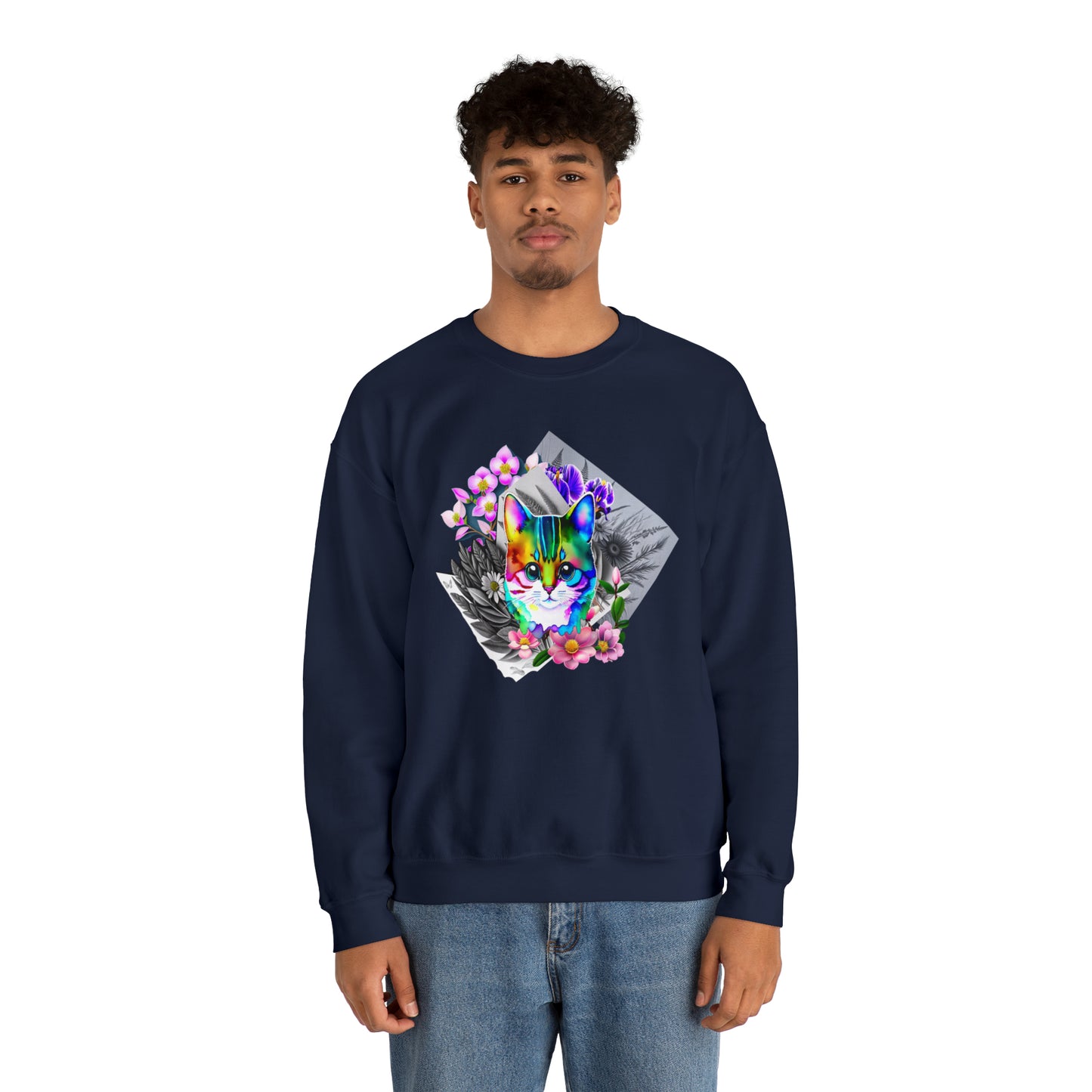 Cat and Flowers (Unisex Heavy Blend™ Crewneck Sweatshirt)