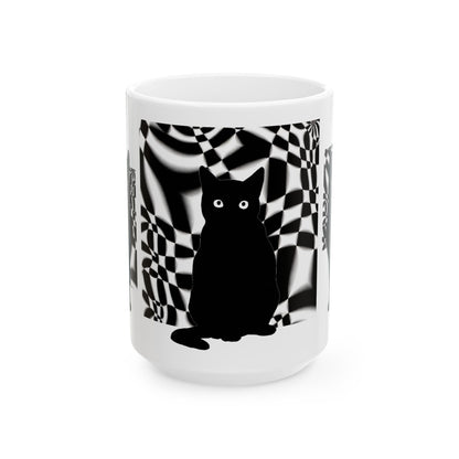 White Mug 黒猫の幻想 Black Cat Illusions Ceramic Mug (11oz, 15oz)
